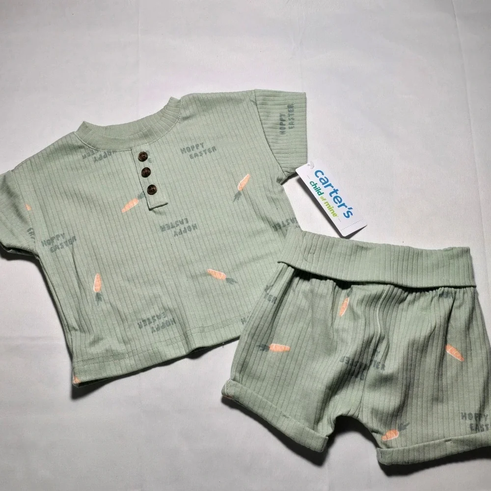 Carters Baby Boys 3-6m Hoppy Easter Sage Green Henley Shorts Set NWT